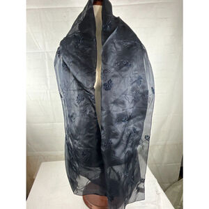Woman’s Talbots Chiffon Black Scarf Wrap Shawl Embroidered Floral 71”x 25” Italy